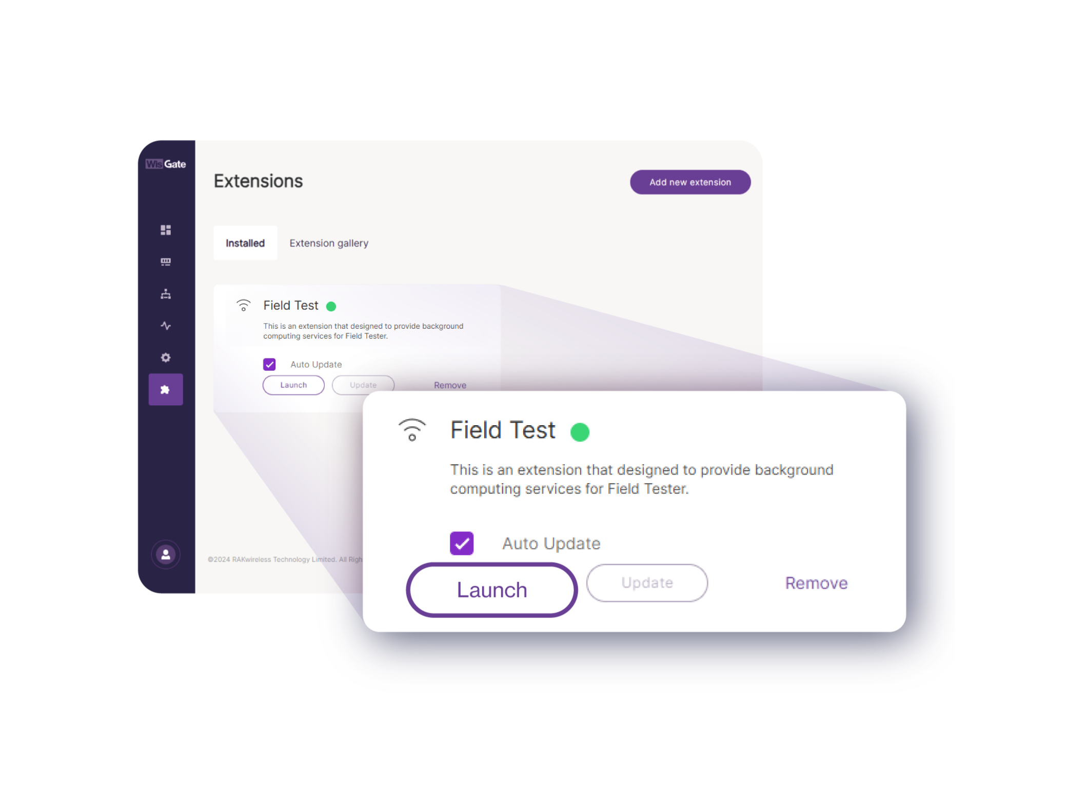 Launch Field Test Extension in the WisGateOS 2 UI to support RAK field testers with backend computing