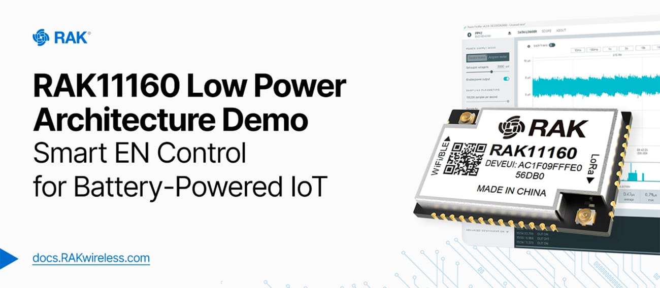 RAK11160 demo shows power use from 262mA active to 6.8µA deep sleep, ideal for low-power IoT and battery projects.