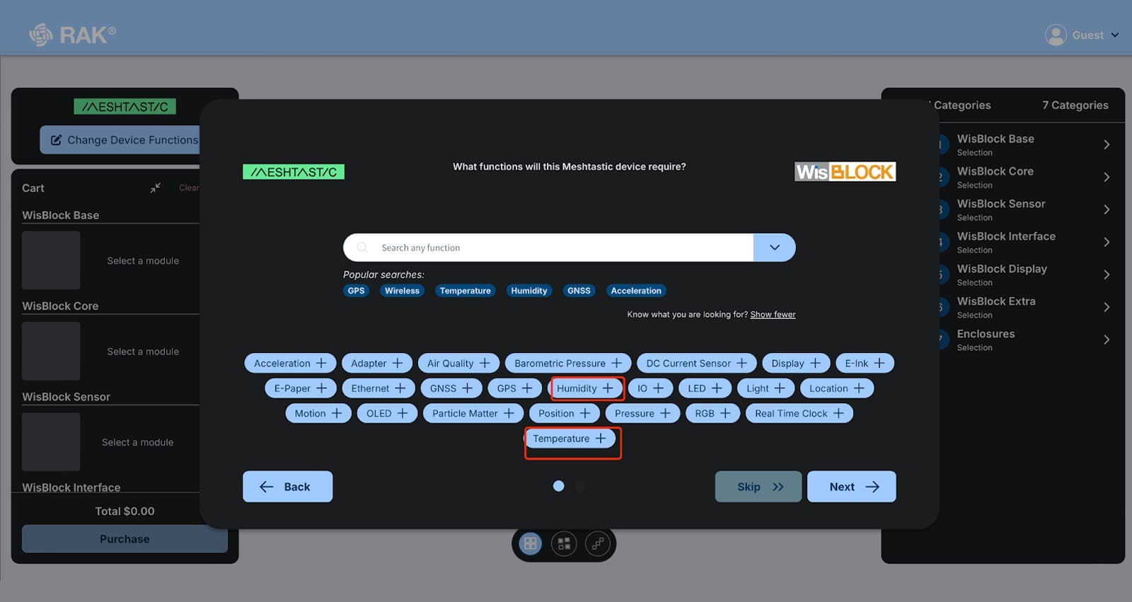 In Guided Mode, selecting Temperature and Humidity automatically adds the correct sensor module to the Meshtastic node.