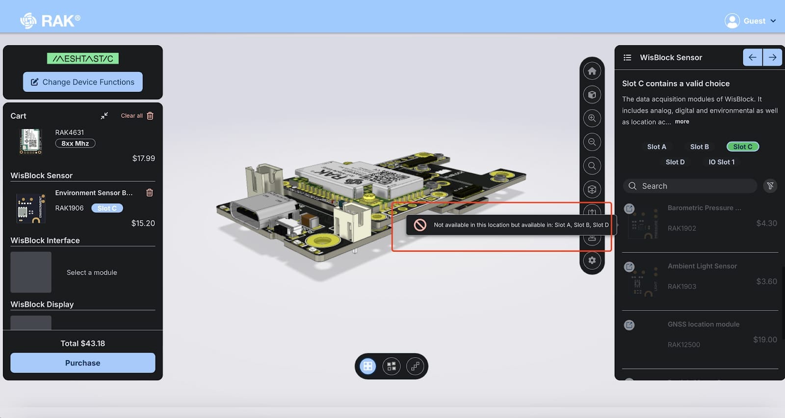 Meshtastic Designer automatically checks sensor compatibility, grays out incompatible modules, and shows error message.