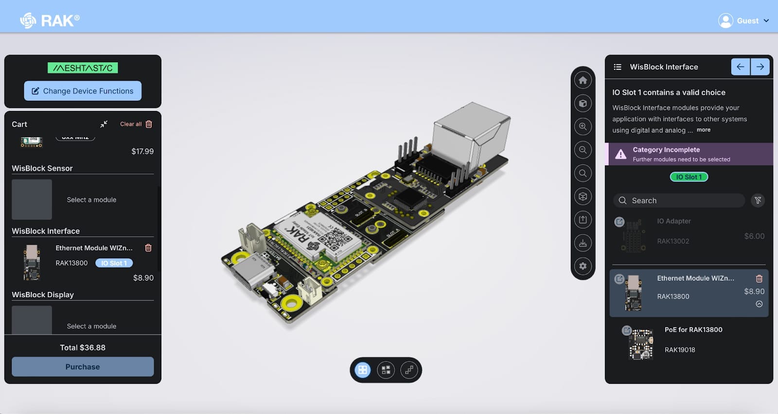 Only one Ethernet module can be added; Meshtastic Designer enforces this limit and guides users on available IO slots.
