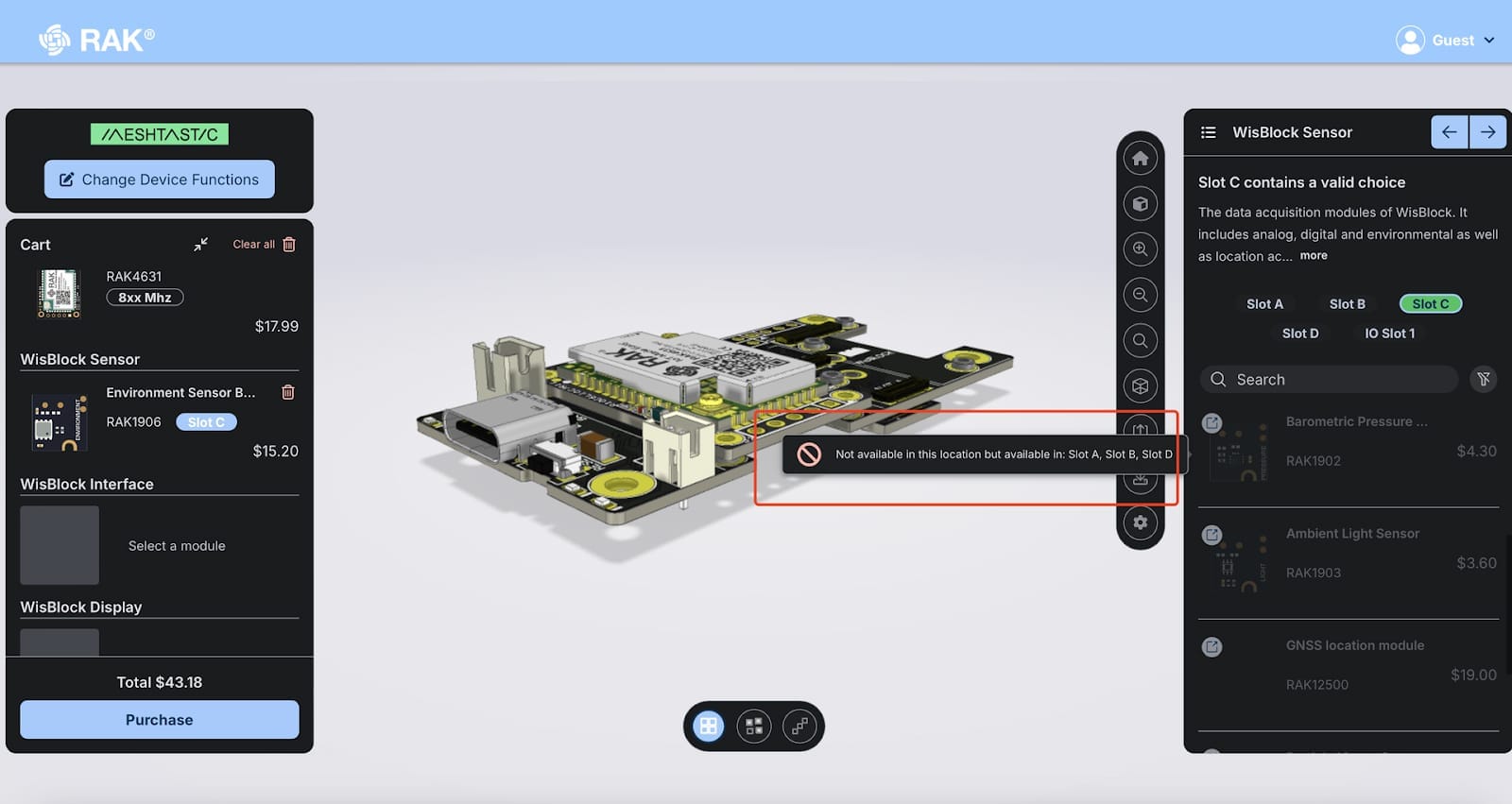 The 3D interface allows full customization and review by spinning and zooming the Meshtastic design before ordering.