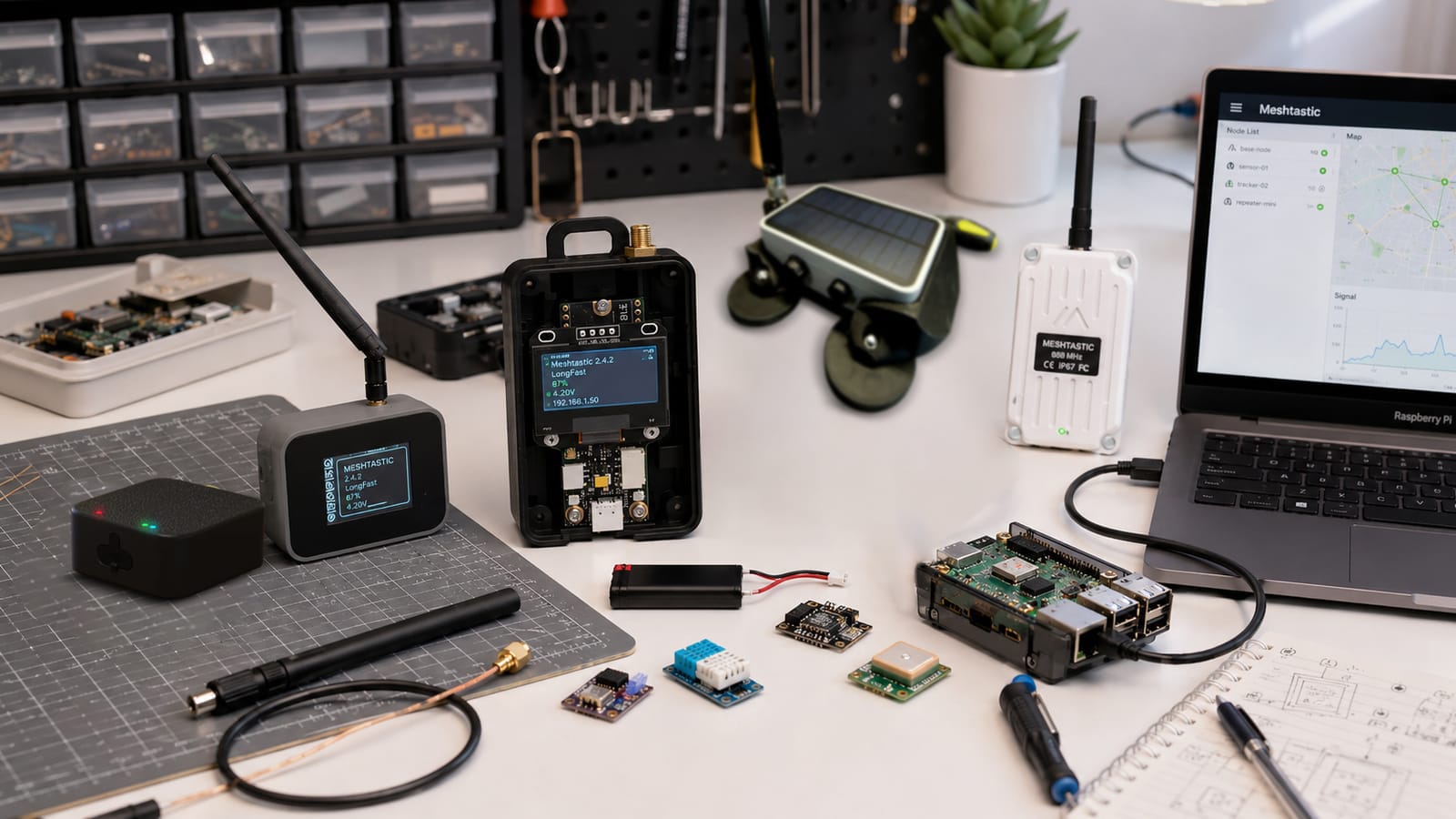 Developer Meshtastic setup with boards, sensors, laptop dashboard UI, gateway, antenna, tools and parts for custom nodes