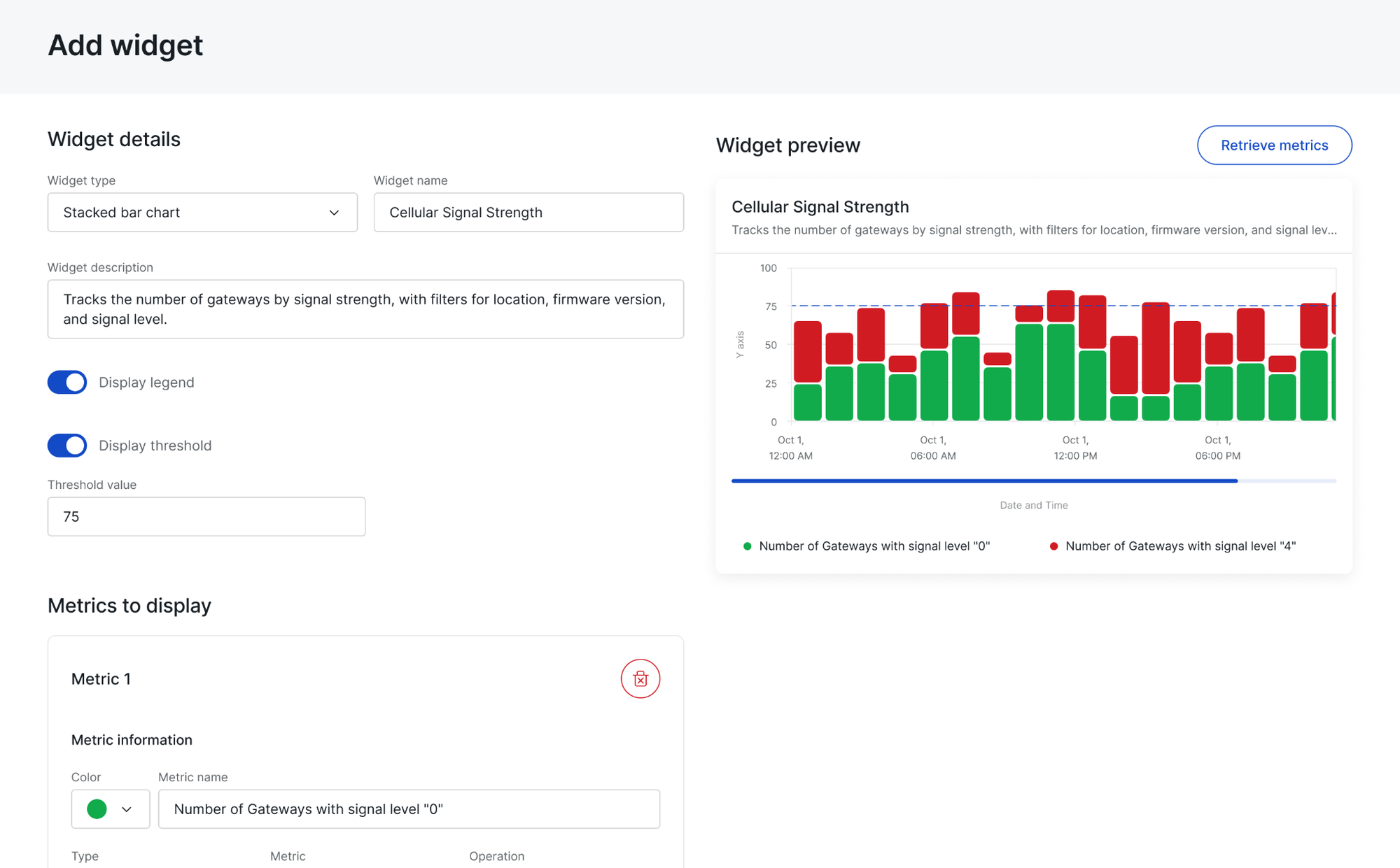 WisDM Metrics widget builder showing a stacked bar chart for cellular signal strength with threshold and two metrics.